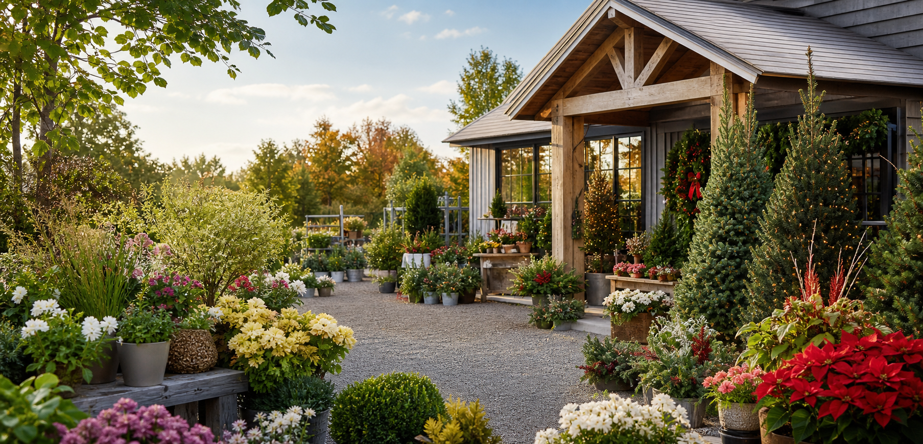 Garden center storefront with flowers, nursery plants, and Christmas trees